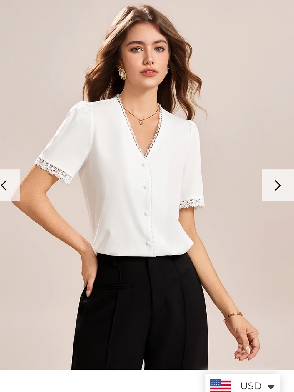 RIHOAS White V-Neck Button Blouse with Lace Trim